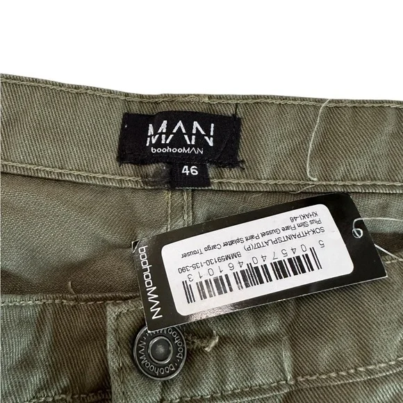 Boohoo Man Plus Slim Flare Gusset Paint Splatter Green Cargo Trouser Pants Sz 46 - Picture 12 of 16